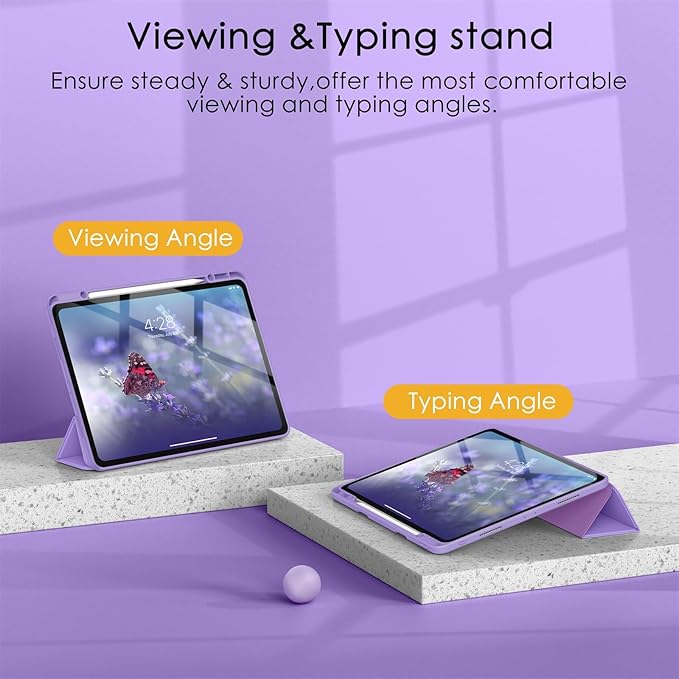 Soke Case for iPad Pro 12.9 Inch (6th/5th/4th/3rd Generation, 2022/2021/2020/2018) - Pencil Holder + Auto Sleep/Wake + Camera Protection, Transparent Shockproof Back Cover, Clove Purple