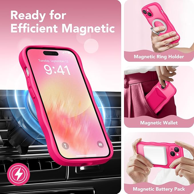 CAPRARO Cute for iPhone 15 Plus Case, Compatible with MagSafe, [Curly Wave Edge] [Full Camera Protection] [14 FT Drop Protection] Magnetic Phone Case for 15 Plus 6.7 Inch, Hot Pink