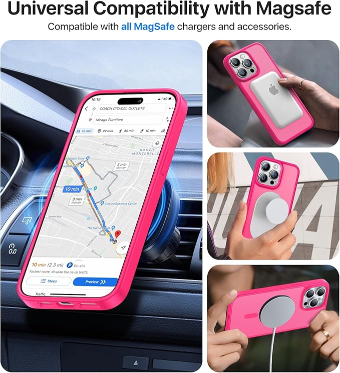 Magnetic for iPhone 15 Pro Max Case, [Compatible with MagSafe][Military-Grade Drop Protection][Anti-Yellowing] Shockproof Translucent Matte Cover for iPhone 15 Pro Max Phone Case,Hot Pink
