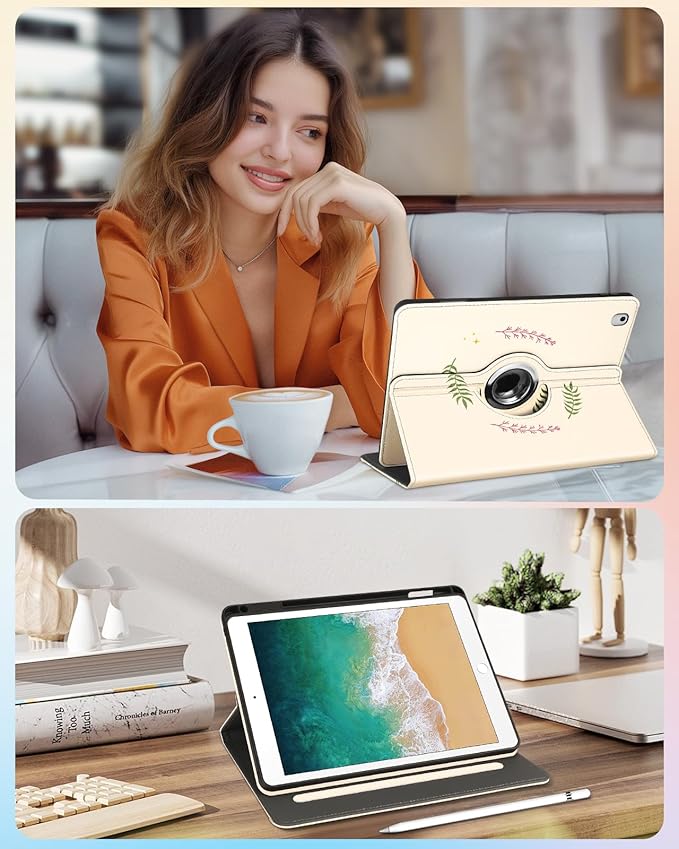 Kidcube for iPad 5th Generation Case 2017/Air 1st 2013/Pro 9.7 Inch Case 2016 - Women Girls Kids Cute Rotating Stand Folio Cover with Pencil Holder & Card Slot Cool Frog Mushroom Unique Design Cover