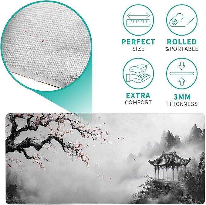 Watercolor Cherry Blossom Mouse Pad 31.5x11.8 Inch Full Desk Japanese Mousepad Large Non-Slip Rubber Base Waterproof Keyboard Mat with Stitched Edges for Gaming （Cherry Blossom Watercolor 1）