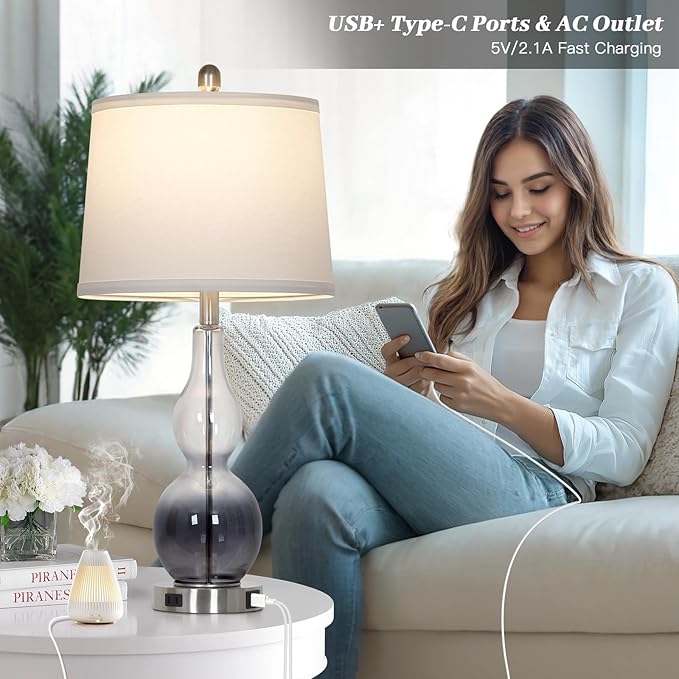 Rinweey 27.5" Gradual Gray Clear Glass Table Lamp Set of 2,3-Way Dimmable Touch Control Bedside Lamps with USB Ports and AC Outlet, Modern Nightstand Lamps for Bedroom Living Room