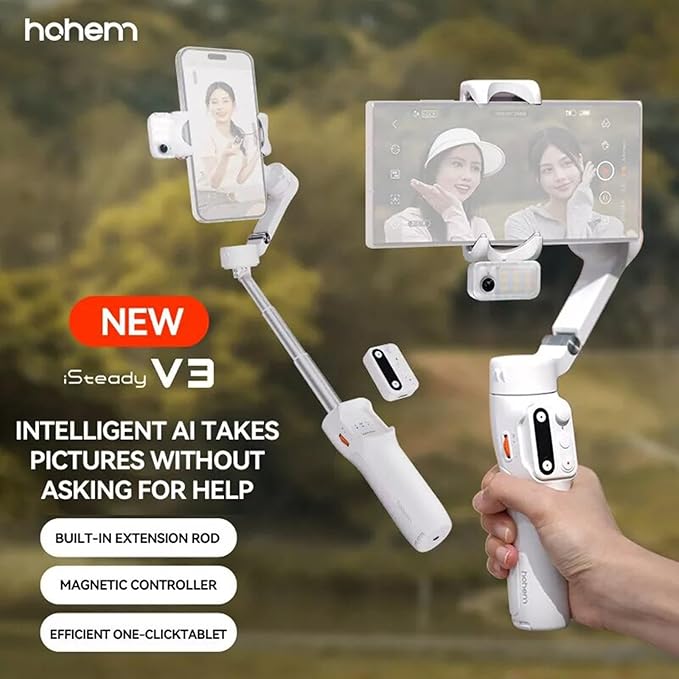 Hohem iSteady V3 Gimbal Stabilizer, Magnetic AI Tracking, Removable Remote, 3-Axis Smartphone Gimbal with Built-in Telescopic Rod and Tripod, Perfect for Content Creators (White)