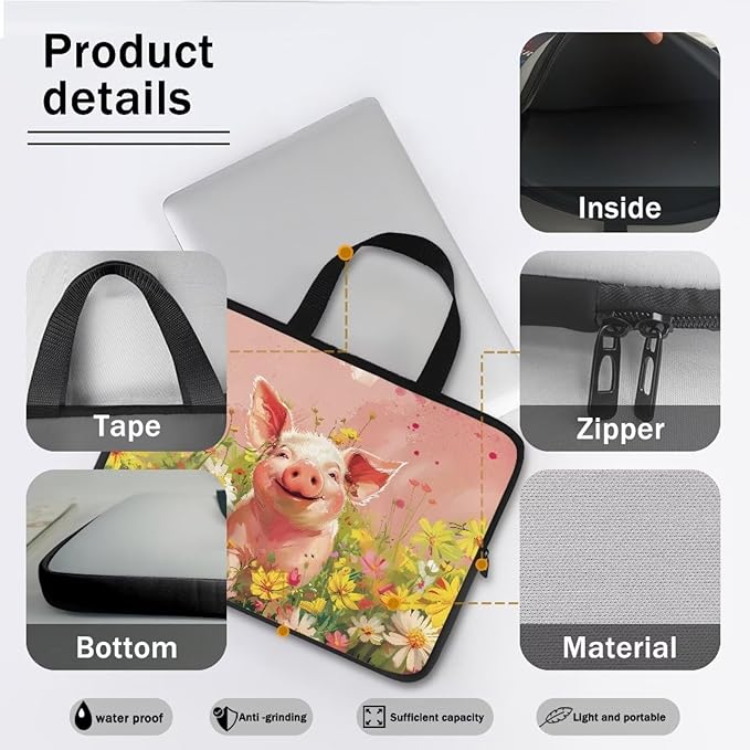 Pink Pig Floral 10 Inch Laptop Sleeve, Cute Computer Bag Tablet Carrying Case Laptop Cover Tote Bags Notebook Sleeves Handbag Messenger Briefcase for Travel/Work/School