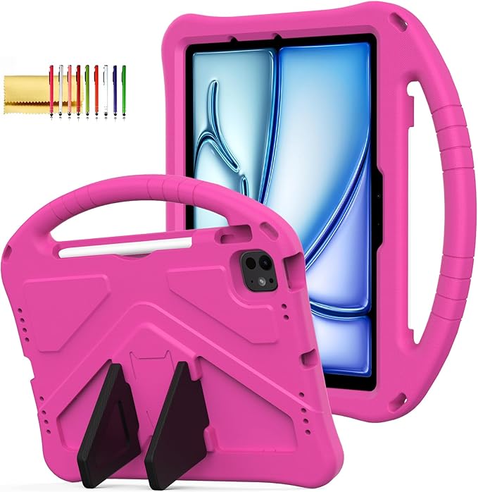Kids Case for iPad Pro 11-inch (M5) 2025/(M4) 2024, Air 11" 2026 M4/M3/M2 Case with Pencil Holder, Techcircle Lightweight Shockproof EVA Foam Handle Stand Anti-Slip Grip Rugged Cover, Rose
