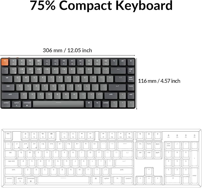 Keychron K3 Version 2, 84 Keys Ultra-Slim Wireless Bluetooth/USB Wired Mechanical Keyboard with White LED Backlit, Low-Profile Keychron Mechanical Red Switch Compatible with Mac Windows