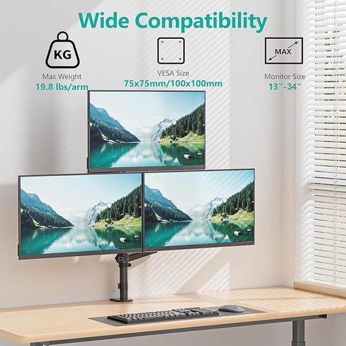 WALI Triple Monitor Mount for 13-34 inch Screens, Full Adjustable 3 Monitors Desk Mount with Clamp & Grommet Base, Triple Monitors Arm, up to 19.8lbs Each, VESA 75x75 100x100 mm (GSDM003XL), Black