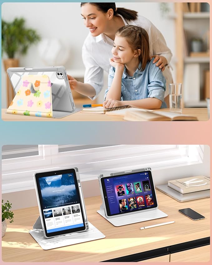 Uppuppy for iPad Pro M4/M5 Case 13 inch - 360 Degree Rotating Stand Folio Smart Cover with Pencil Holder for Women Girls, Colorful Flowers for iPad Pro 13 inch Case 2024 M4/2025 M5