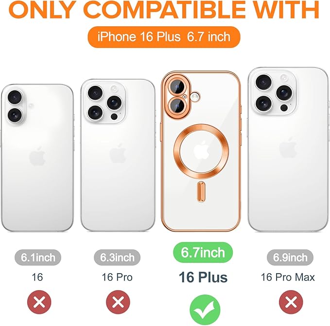 Hython Magnetic Clear for iPhone 16 Plus Case with Camera Lens Protector [Compatible with MagSafe] Luxury Plating Edge Slim Soft TPU Cover Protective Phone Case for iPhone 16 Plus 6.7", Orange
