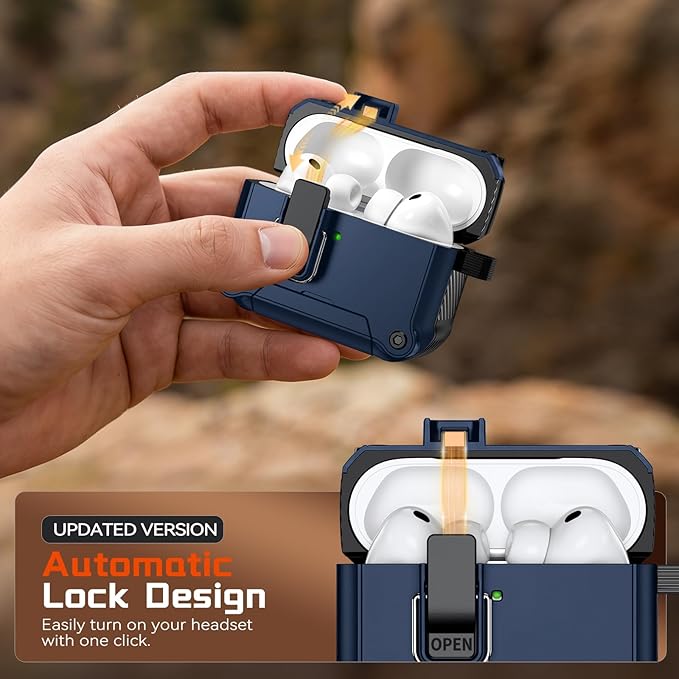 Inesore Compatible with AirPods Pro 3 Generation Case,Secure Lock & Phone Stand Design,Compatible with MagSafe,Automatic Snap Switch Secure Cover for New AirPods Pro 3rd (2025)-Dark Blue