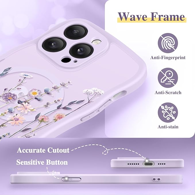 GVIEWIN for iPhone 14 Pro Max Case Compatible with MagSafe [Curly Wave Edge][Full Camera Protection] Floral Translucent Shockproof Magnetic Women Phone Case for 14 Pro Max, Floratopia/Colorful