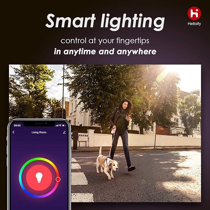 Helloify A19 LED Smart, WiFi Light Bulb Compatible with Alexa Google Home, RGBCW Color Changing, Cool Warm White Dimmable, No Hub Required, 60W Equivalent, RGB+2700K-6500K, 4 Count (Pack of 1)