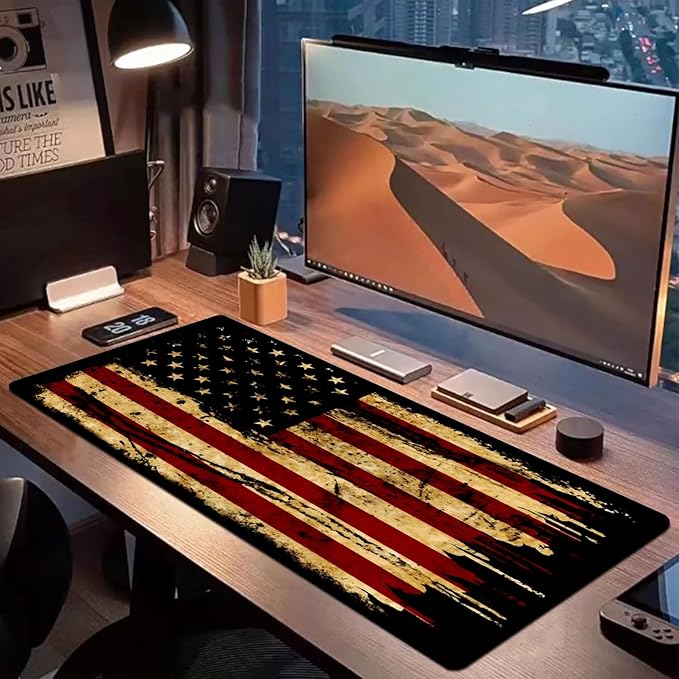 Large Gaming Mouse Pad 31.5"x15.7" | Dark American Flag-Themed XXL Keyboard Pad, Mouse Mat, Desk Pad, Non-Slip Rubber Base & Stitched Edges - Extended Mousepad for PC/Laptop/Office/Home Decor