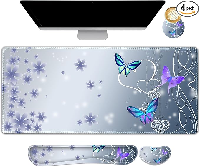 Cute Butterfly Desk Mat, Florals 4 in1 Large Gaming Mouse Pad Set, Ergonomics Keyboard Pad with Memory Foam Wrist Rest, Extended Game Mousepad Non-Slip Desk Protector Matt Easy Typing Pain Relief