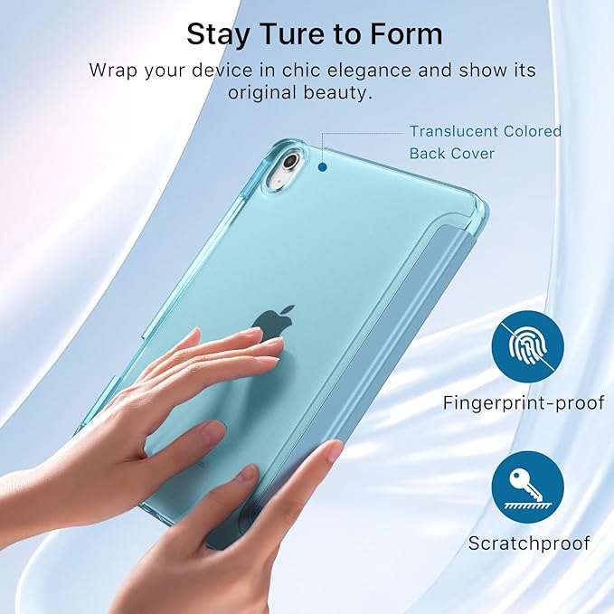 MoKo for iPad Air 11 inch Case (M4/M3/M2) 2026/2025/2024, iPad Air 5th/4th Gen 10.9 inch Case 2022/2020 with Pencil Holder, Slim Light Trifold Cover with Hard PC Translucent Back Shell, Misty Blue