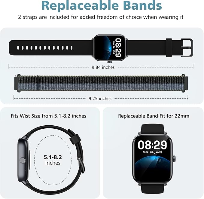 Smart Watch for Women Men, 1.85" Alexa Fitness Tracker with Call & SMS, Heart Rate, SpO2, Stress & Sleep Monitor, IP68 Waterproof Smartwatch for Android iPhone Samsung etc., 100+ Sports Modes, 2 Bands