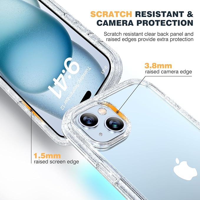 Diaclara Designed for iPhone 15 Plus Case 6.7'', Full Body Rugged Case w/Built-in Touch Sensitive Anti-Scratch Screen Protector+9H Glass Camera Lens Protector, Clear Glitter