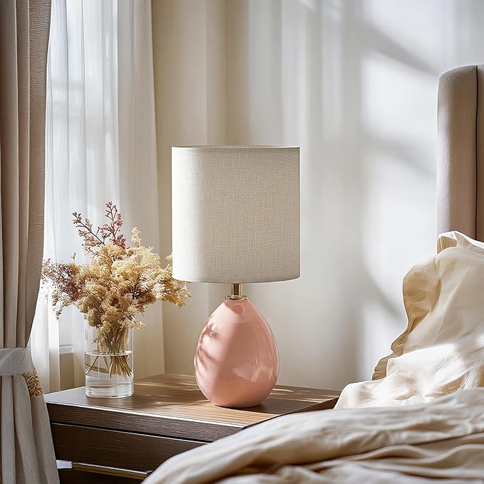 Dawnwake 18.5" Table Lamps Set of 2 for Living Room Bedroom, Bedside Lamps for Night Stands, Desk Nightstand Lamp Dimmable, Modern Linen Ceramic Lamps，Pink