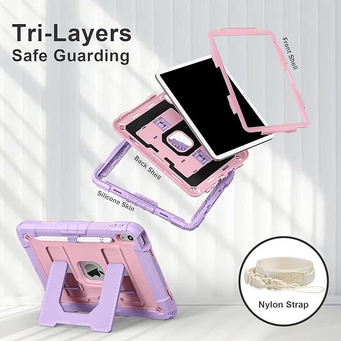 Kids Friendly Case for iPad A16 11th Generation 11 Inch 2025 / iPad 10th Generation 10.9" 2022 Case with Pencil Holder & Shoulder Strap, Hybrid iPad 11 10 Cover Rugged Shockproof Kickstand,Pink+Purple