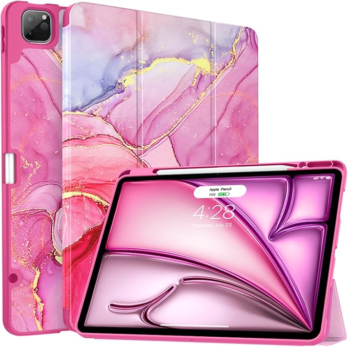 Soke Case for iPad Air 13 Inch (M4/M3/M2,2026-2024), iPad Pro 12.9" 6th/5th Generation with Pencil Holder(2021 2022 Release)-[Apple Pencil Charging + Auto Wake/Sleep] Soft Back Cover, Hot Pink Marble