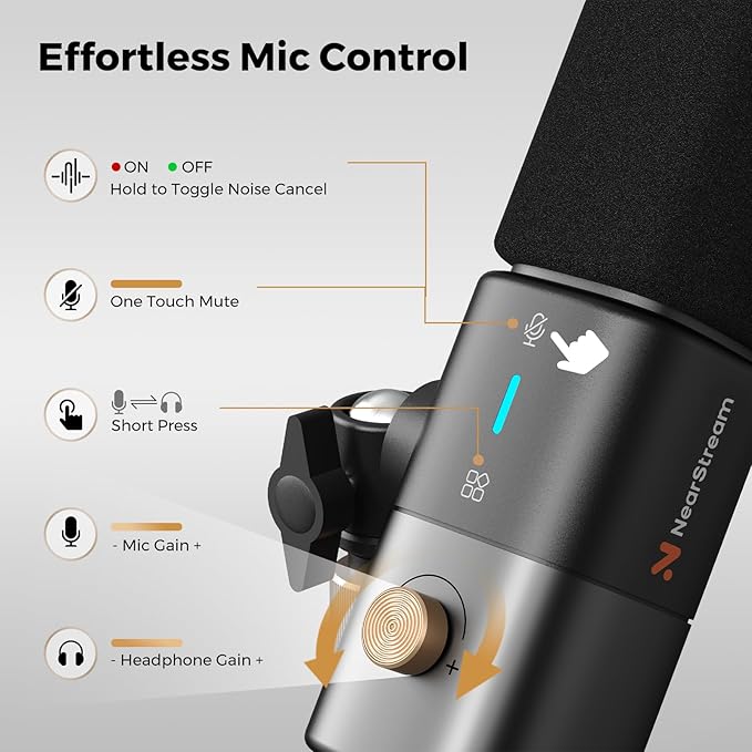 NearStream AM25X Gen2 XLR/USB Condenser Microphone with Noise Canceling/Volume Control/Headphone Jack/Mute, Podcast Microphone for PC/Audio Mixer, Desktop Mic for Stream/Podcast/Gaming/Music Record