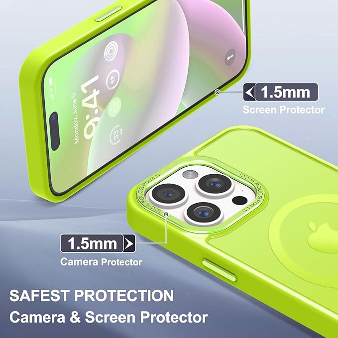 Newfuture Upgraded Magnetic for iPhone 15 Pro Max Case [Compatible with Magsafe] [Mil-Grade Protection], Pocket-Friendly, Translucent Phone Case Cover for iPhone 15 Pro Max 6.7", Fluorescent Green