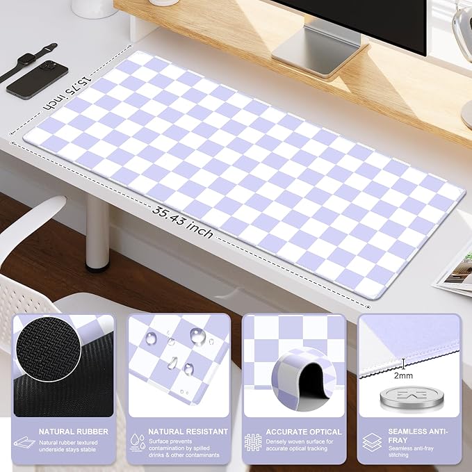 iCasso Desk Pad Mat, Desk Matt for Desktop, Cute XXL Large Mouse Pad, Anti-Slip Big Mousepad with Stitched Edges, Keyboard Pad Mouse Mat for Computer (Purple Checkered)