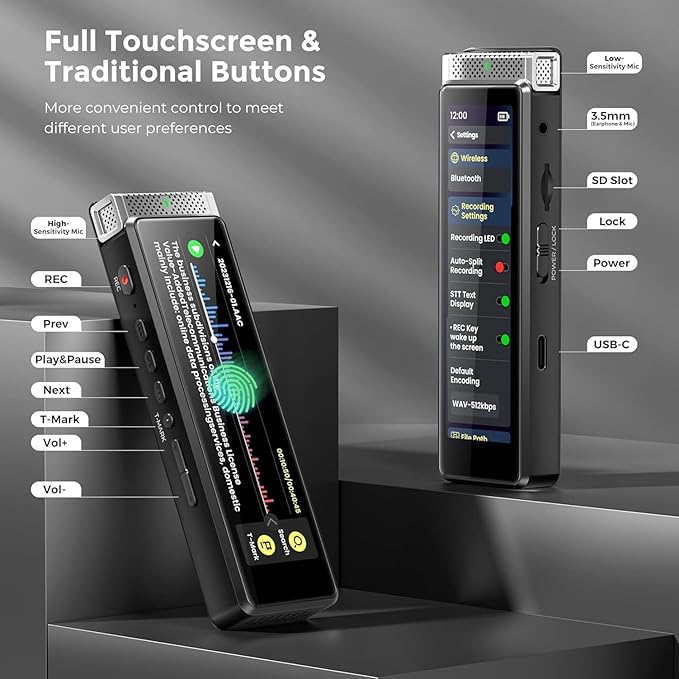 8GB Digital Voice Recorder with Playback, Innioasis R1 Full Touchscreen Voice Recorder with Bluetooth, Voice Activated Sound Audio Recorder Device with Mic Silver
