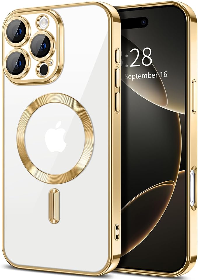 Hython Magnetic Clear for iPhone 16 Pro Case with Camera Lens Protector [Compatible with MagSafe] Luxury Plating Edge Slim Soft TPU Cover Protective Phone Case for iPhone 16 Pro 6.3", Gold
