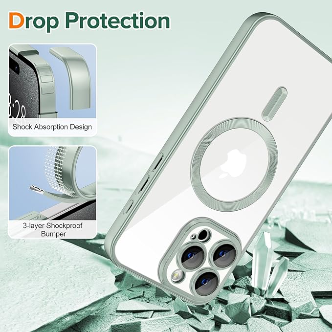 Hython Magnetic Clear for iPhone 15 Pro Max Case with Camera Lens Protector [Compatible with MagSafe] Plating Edge Slim Soft TPU Cover Protective Phone Case for iPhone 15 Pro Max 6.7", Matte Mint