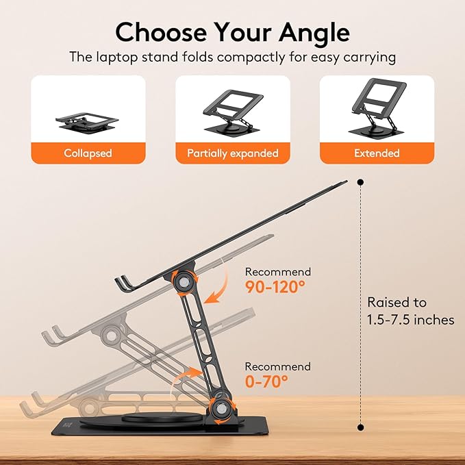 TECKNET Laptop Stand for Desk - 360° Rotating Base, Ergonomic Foldable Computer Stand for Laptop Riser, Height Adjustable, Compatible with MacBook Pro, Dell XPS, HP, and All Laptops 10-17" (Black)