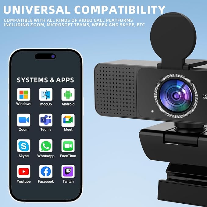 PEATOP Webcam 4K for PC Autofocus, Noise-Canceling Mic USB Plug & Play Webcam with Privacy Cover Camera 4K for Zoom/Teams/Skype/Google Meet