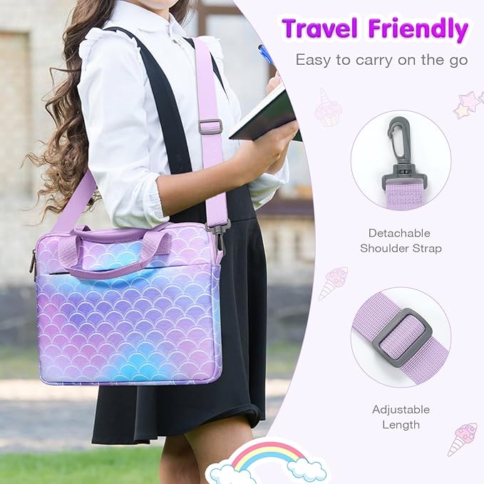 MoKo 10-12.5 Inch Kids Tablet Sleeve Carrying Case for Fire HD 10 13th/11th Gen, Fire HD 8/7 Kids 2022, Tablet Bag with Shoulder Strap for 10/10.1" Android 12/13, Rainbow & Unicorn, Mermaid-Purple
