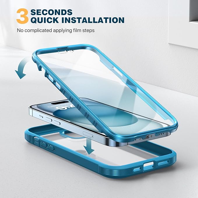 Diaclara Designed for iPhone 15 Plus Case 6.7 Inch,Full Body Rugged Clear Bumper Case w/Built-in Touch Sensitive Anti-Scratch Screen Protector+9H Tempered Glass Camera Lens Protector,Sea Blue