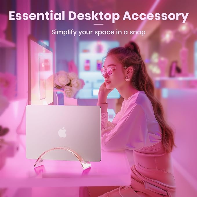 Acrylic Vertical Laptop Stand for Desk,Acrylic Invisible Desktop Notebook Dock,Vertical Laptop Holder Space-Saving Organizer for All MacBook, Surface, Samsung, HP, Dell-Pink…
