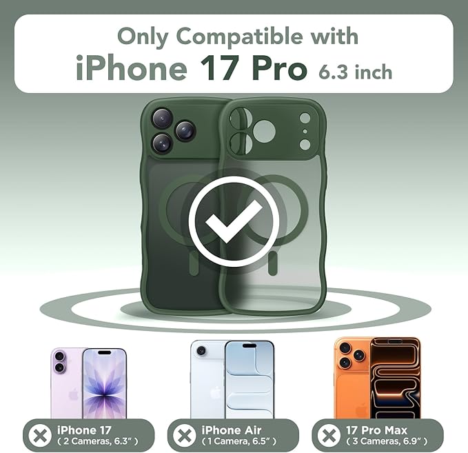 CAPRARO Magnetic for iPhone 17 Pro Case for Women Girls, Upgraded [Full Camera Protection] [Compatible with MagSafe] Cute Wave Translucent Matte Phone Case for iPhone 17 Pro, Deep Green