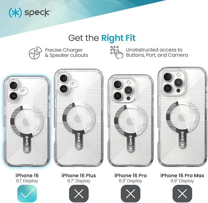 Speck Clear iPhone 16 Case - Slim Phone Case - MagSafe - GemShell - Crystal Clear