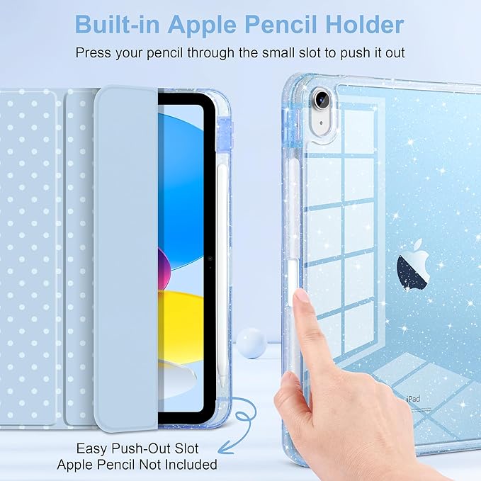 DONGKE for iPad Pro 11 inch Case – Fits M5 2025 / M4 2024, Shockproof Sparkling Glitter Acrylic Back, Pencil Holder, Trifold Stand, Auto Sleep/Wake & Touch ID Support - Blue Polka Dot