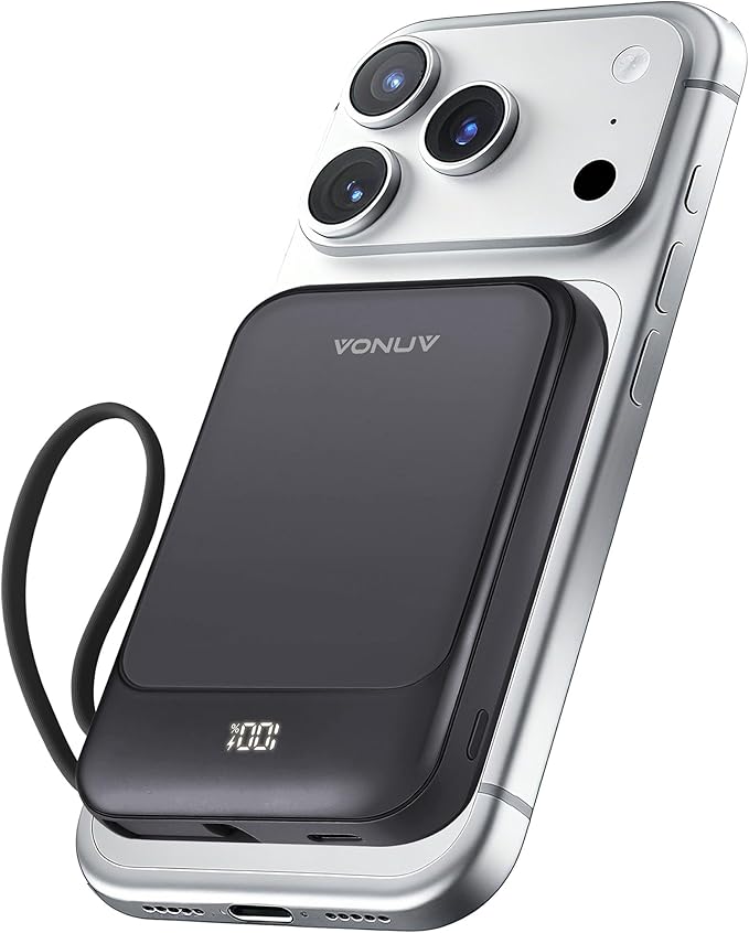 Magnetic Power Bank 10000mAh, Wireless Portable Charger with 15W Max Fast Charging & Built-in USB-C Cable, 22.5W PD LED Display Battery Pack Compatible with iPhone 17/16/15, Samsung Galaxy