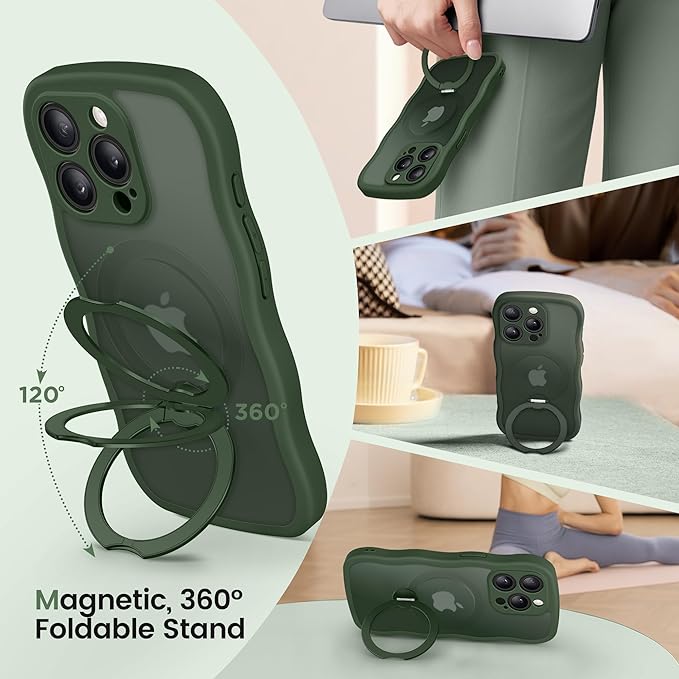 CAPRARO for iPhone 14 Pro Max Case with 360° Spin Magnetic Stand for Women, [Compatible with MagSafe] [Full Camera Protection] Cute Wave Translucent Matte Case for iPhone 14 Pro Max, Dark Green
