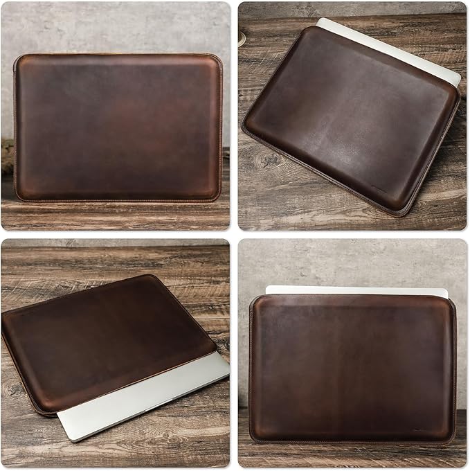 Top Grain Leather 16.2" Slim PC Sleeve Case, Solid Vintage Design, Handmade, Compatible with MacBook Pro 16.2" A2485 M1 Max 15" Touch Bar A2141 A1707 Pro 16" Touch ID A1990, Coffee 16.2 Inch