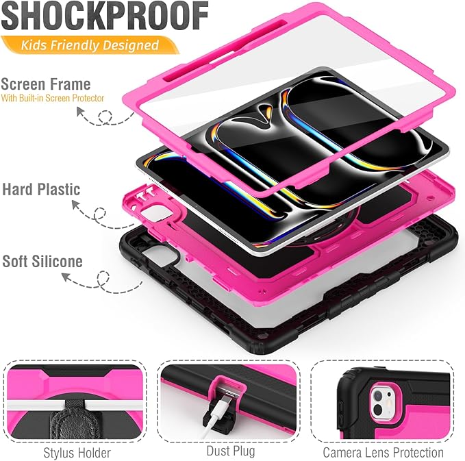 HXCASEAC for iPad Pro 13 Inch Case (M5/M4) 2025/2024, Shockproof Design with Pencil Holder, Protector, Rotating Stand, Hand Strap, Heavy Duty Protective iPad Pro13 Cover A3360 A3361 A2925 A2926, Rose