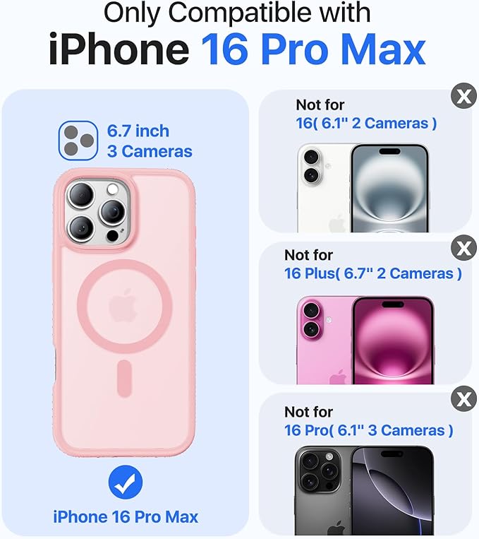 Magnetic for iPhone 16 Pro Max Case[Compatible with MagSafe][Military-Grade Drop Protection][Anti-Yellowing]Shockproof Protective Translucent Matte Cover for iPhone 16 Pro Max Phone Case,Pink