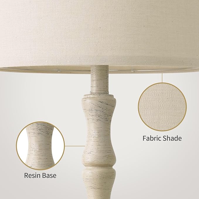 BOBOMOMO 25" Farmhouse Bedside Lamps Set of 2, Vintage Nightstand Lamps with Antique White Resin Base & Linen Shade, Standard Table Lamps for Bedroom, Living Room, End Table & House Décor