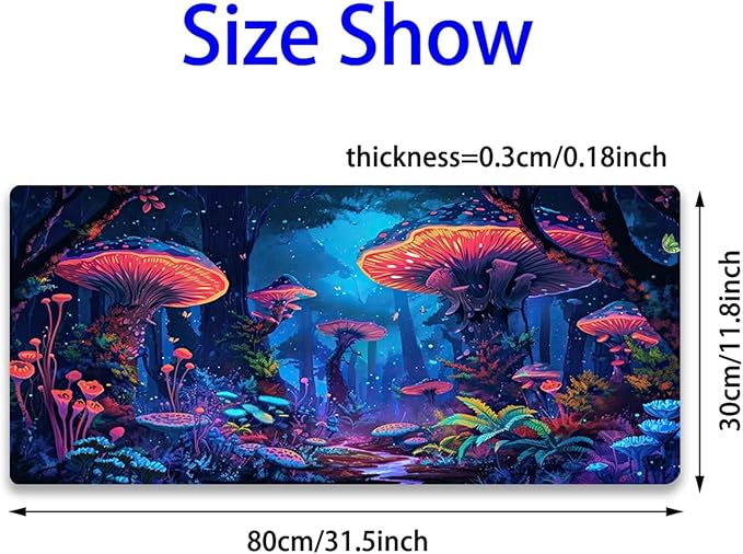 Simpkeely Fantasy Mushroom Mouse Pad, Blacklight Gaming Forest Waterproof Extended Large Desk Pad UV Long Computer Keyboard Big Mouse Mat with 3mm Non-Slip Rubber Base for Office Home - 31.5" x 11.8"