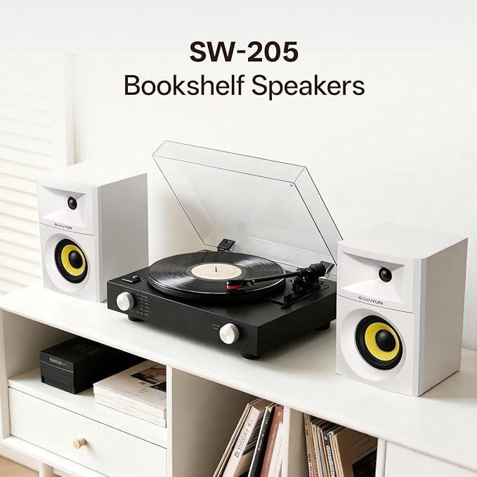 Sanyun SW205 4" 80W HiFi Bookshelf Speakers, 2.0 Active Near Field Studio Monitor, Upgraded 3D Sound Field, Flagship DAC & DSP, Geometric Diffusion Cabinet, Bluetooth 5.4/Optical/AUX, White