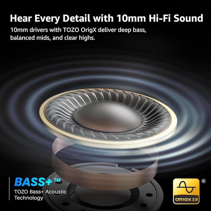 TOZO Crystal Pods Hybrid Active Noise Cancelling Wireless Earbuds, 10mm Drivers Deep Bass, 4 Mics Smart ENC AI Calls, Real-Time AI Translation, 32 EQ via App, Bluetooth 5.4, Crystal Design