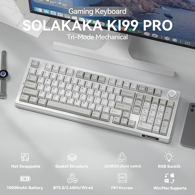 SOLAKAKA KI99 Pro 96% Wireless Mechanical Keyboard, RGB Gaming Keyboard, Hot-Swappable Pre-Lubed Switches, Gasket Structure Creamy Keyboards (Graywhite, Silent Switch)