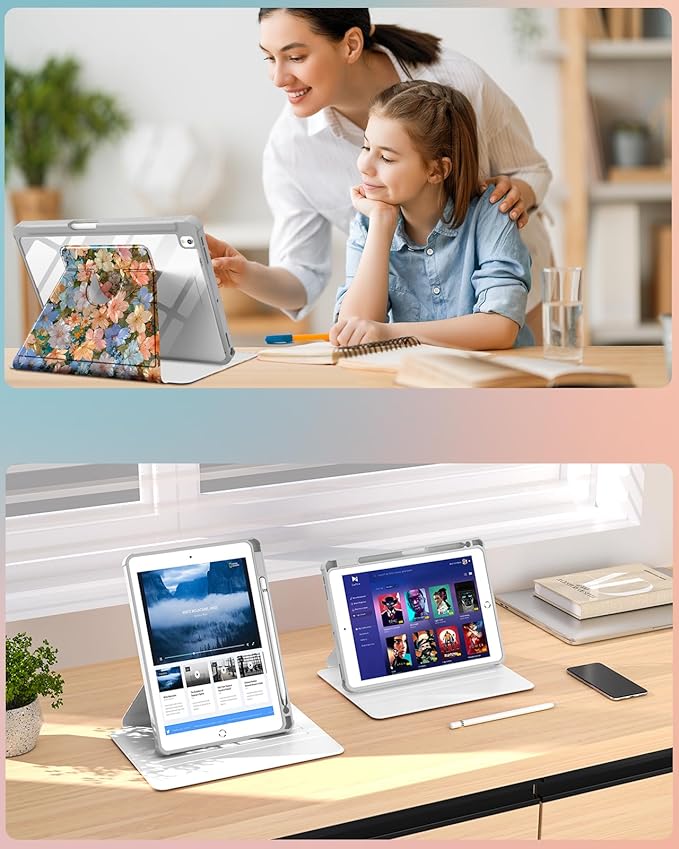 Uppuppy for iPad 9th/8th/7th Generation Case for iPad Air 3rd/ Pro 10.5” Case - 360 Rotating Stand Folio Smart Cover with Pencil Holder for Women, Beautiful Flower for Apple Tablet 7/8/9 Gen 10.2”