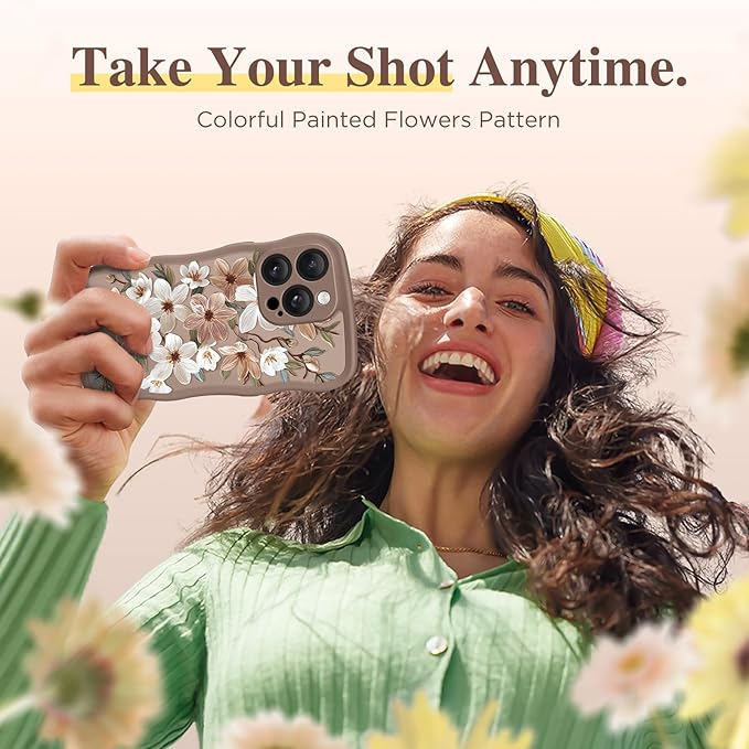 GVIEWIN for iPhone 14 Pro Case Compatible with MagSafe [Curly Wave Edge][Full Camera Protection] Floral Translucent Shockproof Magnetic Women Phone Case for 14 Pro, Dogwood/Brown